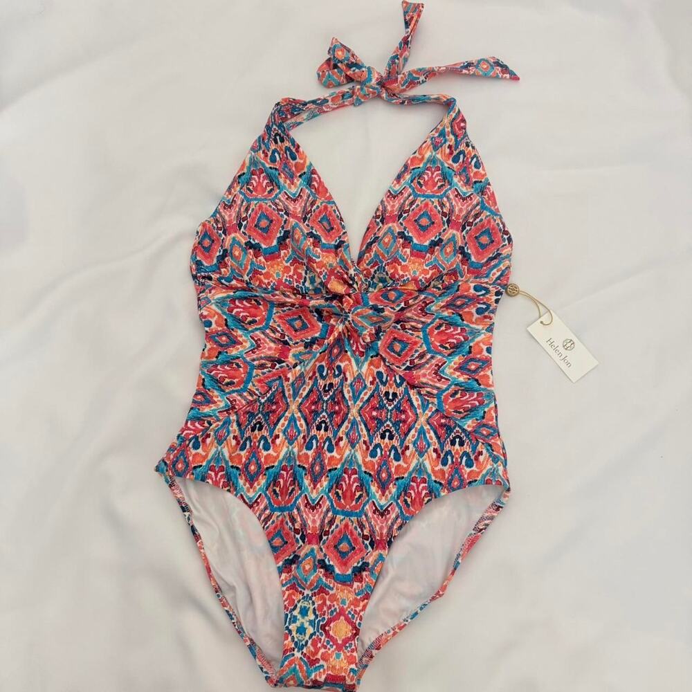 NWT Helen Jon Twist front one piece orange white blue halter swimsuit low back